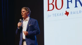 Republican candidate for Railroad Commissioner Bo French speaks at the Red River Roll Call, a Republican rally hosted by state Rep. Shelley Luther, in Sherman on July 27, 2026.