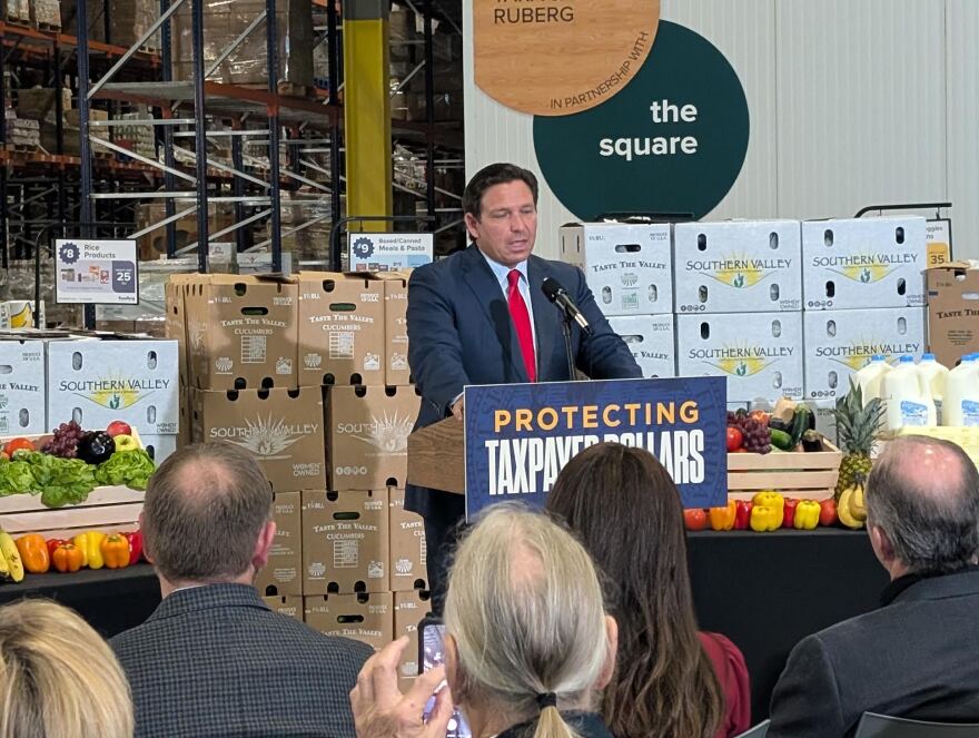 Florida Gov. Ron DeSantis speaking at Feeding Tampa Bay’s headquarters in Tampa on Aug. 24, 2026.