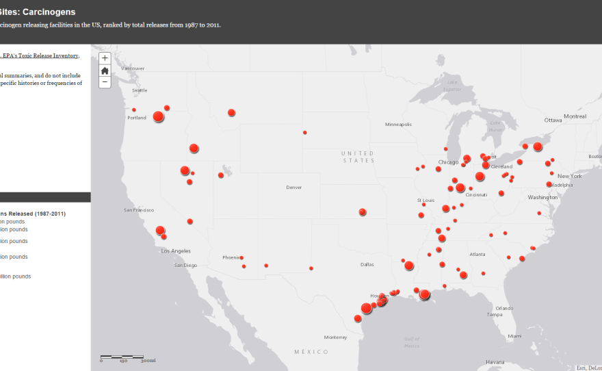 A map of toxic waste sites can be combined with maps of waterways and cities to reveal potential health risks.