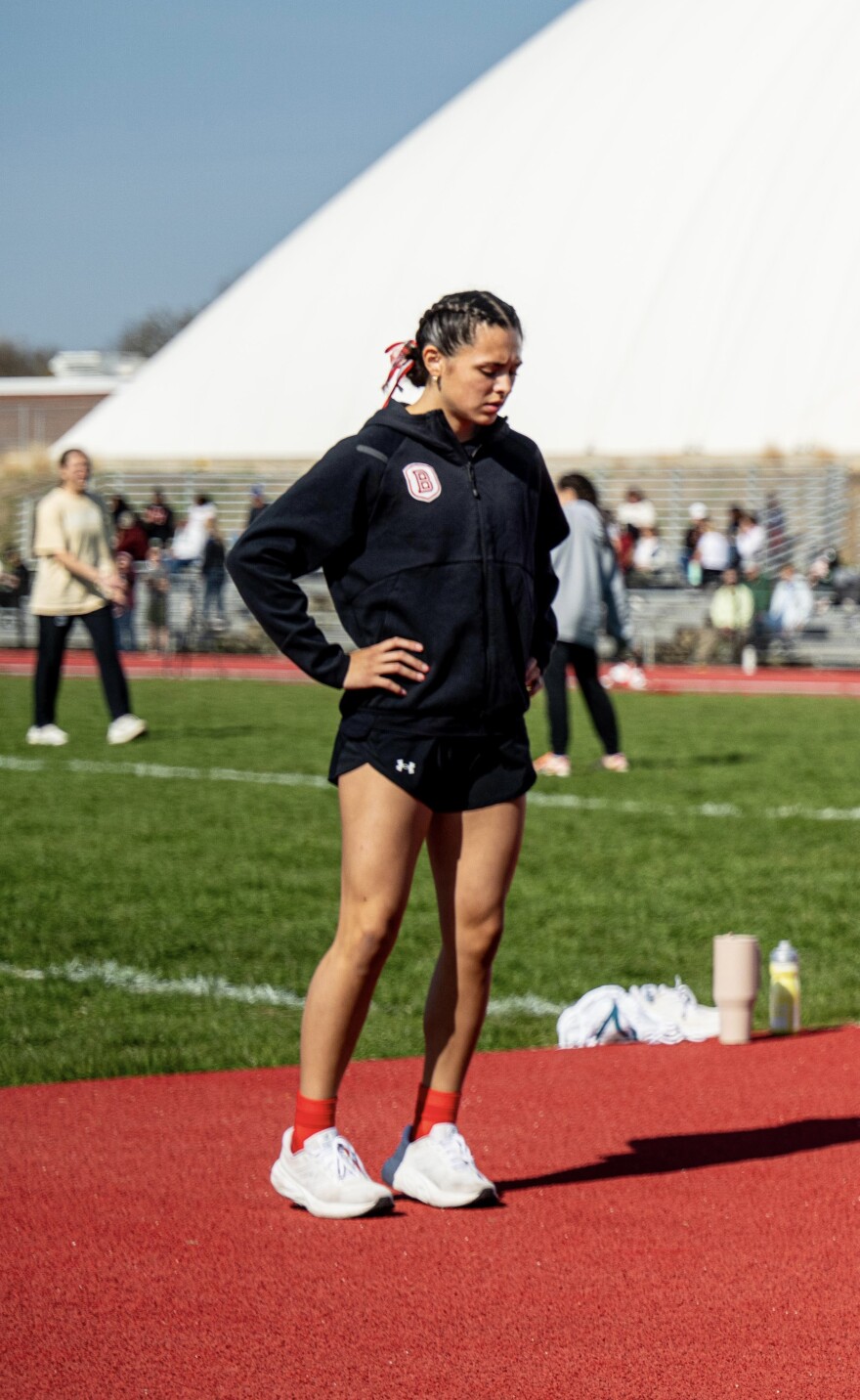 Bradley University sprinter Carolina Martinez prepares to compete in an event during her freshman season.