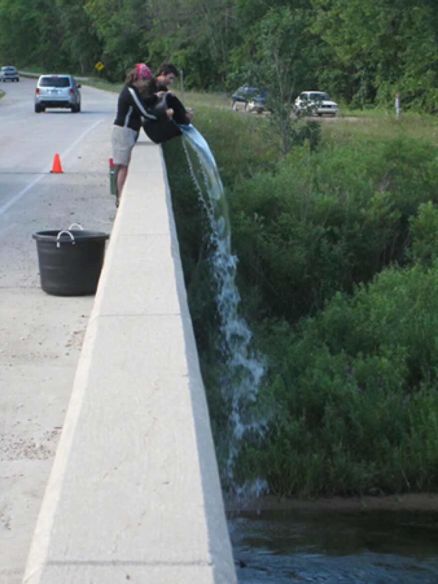 Dr. Emma J. Rosi-Marshall and technician Dustin Kincaid from the Cary Institute of Ecosystem Studies introduce a mix of nutrients into the Manistee River, so they can track how the river processes the nutrients.