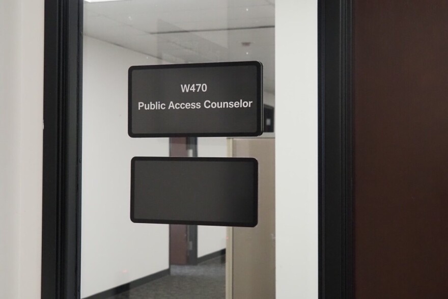 The entrance to the Office of the Public Access Counselor’s Government Center South suite on Wednesday, May 28, 2025. Another agency, which previously occupied the now-vacant work areas within view of the door, relocated years ago.