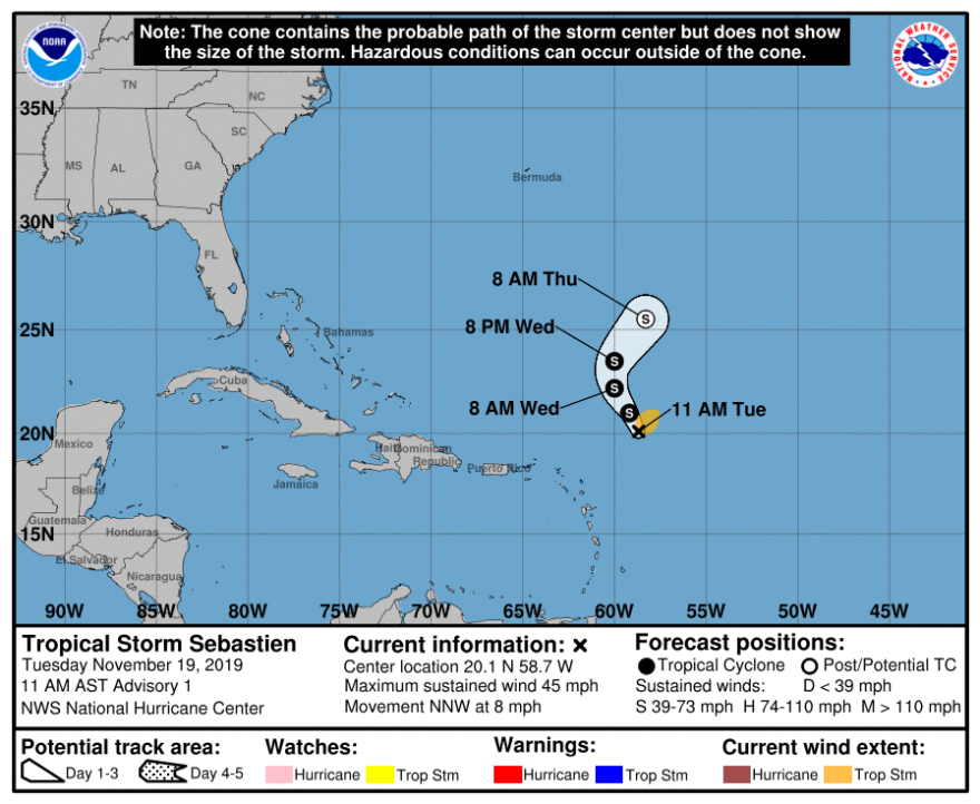 Tropical Storm Sebastien forecast track