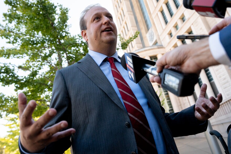 Justin Gelfand, St. Louis Sheriff Alfred Montgomery’s personal attorney, speaks tot he press after the sheriff was indicted with five federal felonies around witness retaliation and tampering outside the Thomas F. Eagleton U.S. Courthouse on Thursday, Oct. 9, 2025, in downtown St. Louis.