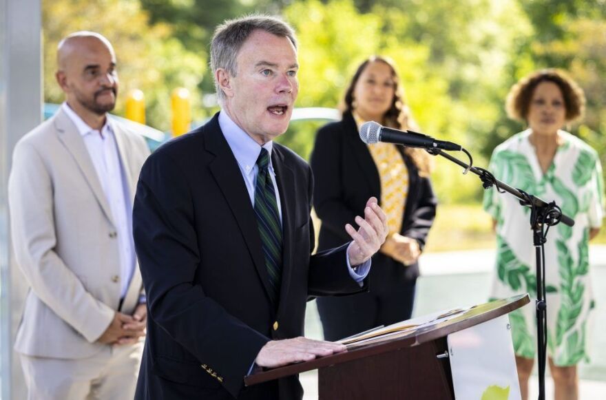 Mayor Joe Hogsett speaks Aug. 13, 2025, at a ribbon cutting for Washington Park in Indianapolis. The ribbon cutting signifies the completion of renovations to the park, including a new playground, splash pad, shelter, parking lot and event lawn.