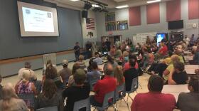 Roughly 200 people attended a public meeting at the high school in Oroville. They were briefed by emergency managers on flooding in the Okanogan Valley. CREDIT: EMILY SCHWING