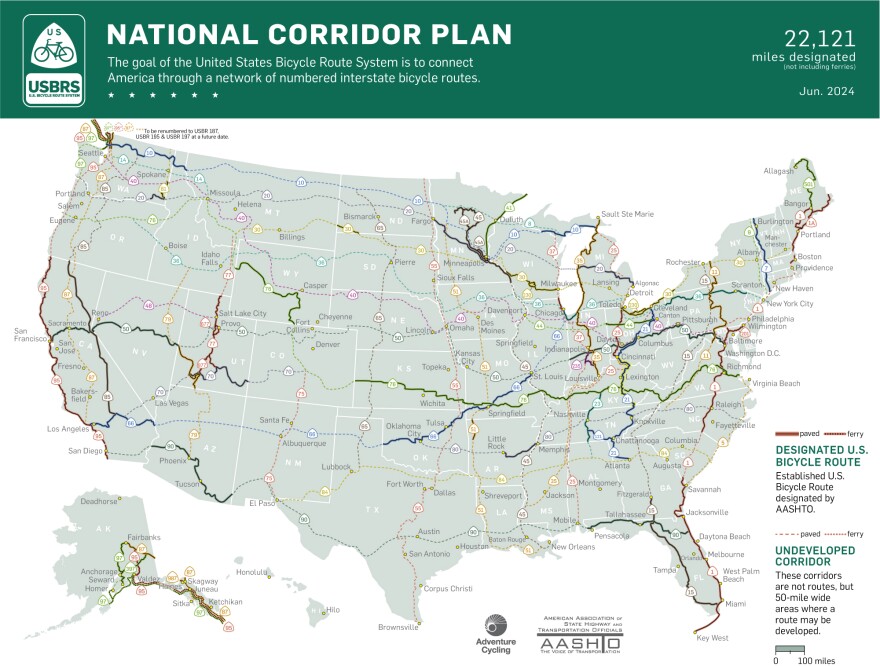 A map of the United States showing routes outlined in some states for the national biking corridor plans.
