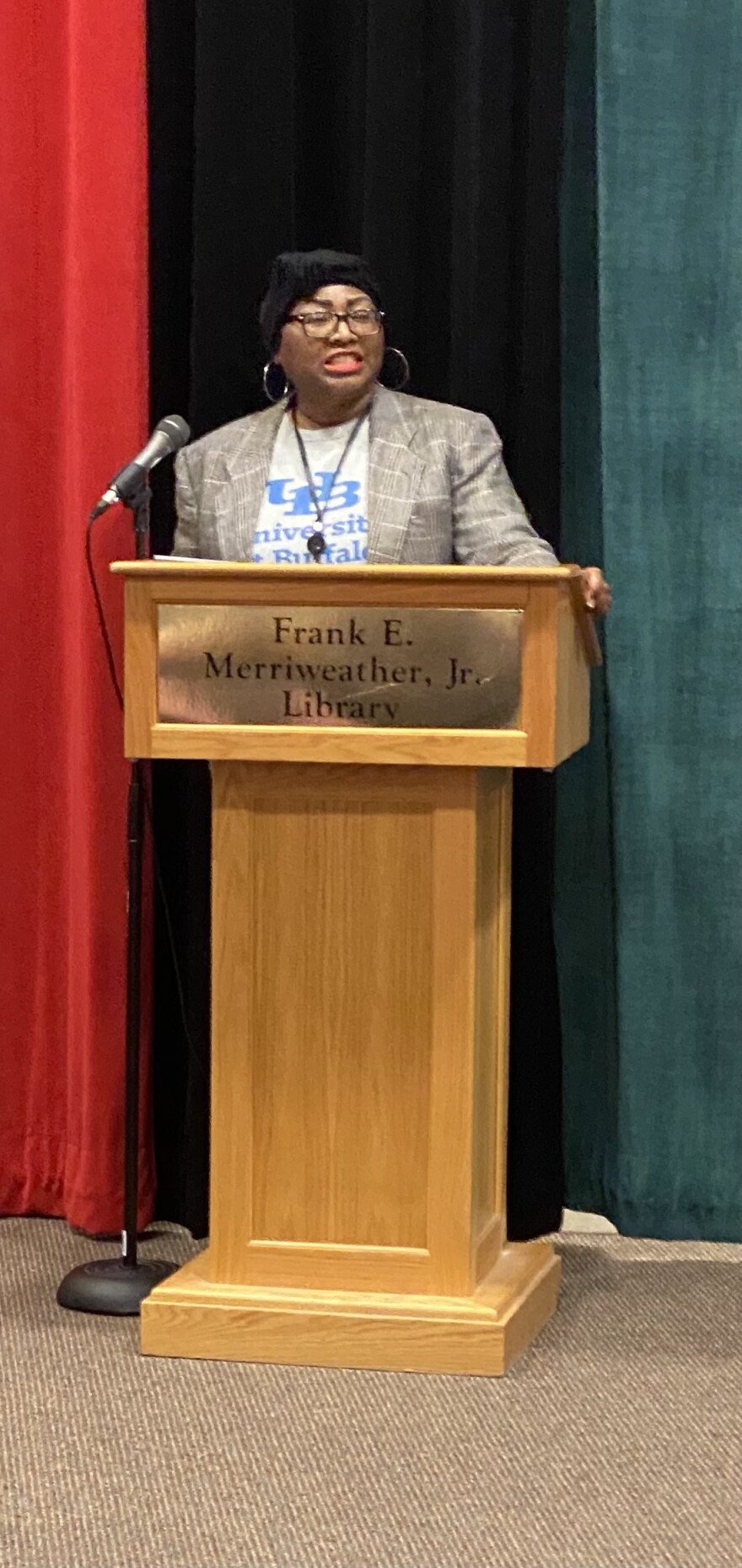 Sherry Sherrill addresses the crowd at the Frank E. Merriweather Library