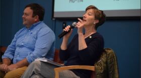 N.C. Senator Julie Mayfield speaking to the audience at AB Tech on March 20.