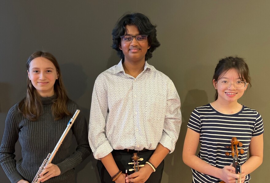 Spokane Youth Symphony 2024 concerto competition winners Eva Iannelli (flute), Arjun Natesan (violin) and Sage Sorenson (violin) in the SPR performance space