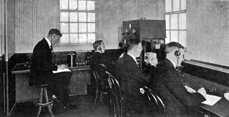 Pictured is an early studio at KDKA in East Pittsburgh, PA circa 1921.