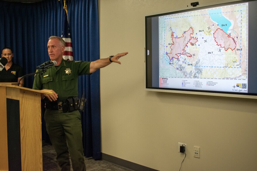 Washoe County Sheriff Darin Balaam provides an update on Bug and Stallion Fires burning north of Reno-Sparks on Aug. 12, 2026.