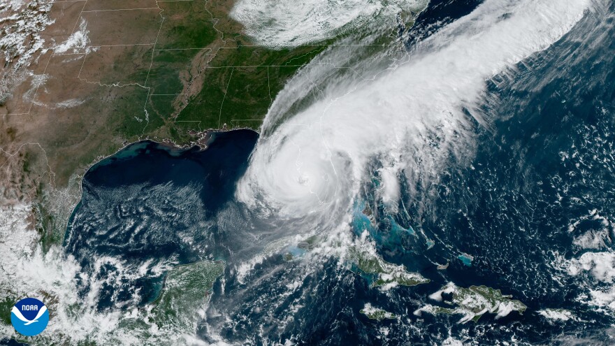 A NOAA satellite image shows Hurricane Ian as it makes landfall in Florida on Sept. 28, 2022.