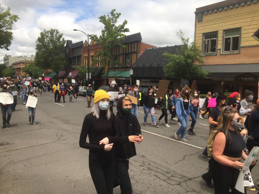 Demonstrators march though downtown Ashland on Sunday, May 31, 2020 to protest the deaths of African-Americans at the hands of police.