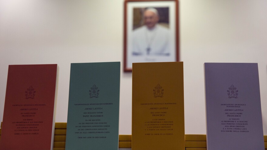 Copies of the post-synodal apostolic exhortation "Amoris Laetitia" (The Joy of Love) are on display at a press conference at the Vatican on Friday. In it, Pope Francis writes that individual conscience should be the guiding principle for Catholics negotiating the complexities of sex, marriage and family life.