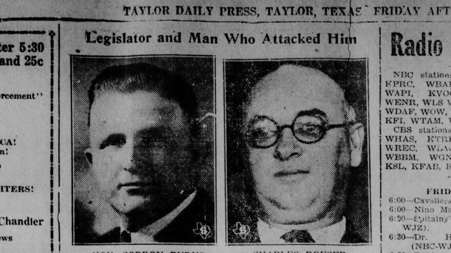A clipping from a newspaper in 1933 shows two headshots with the headline: Legislator and man who attacked him 