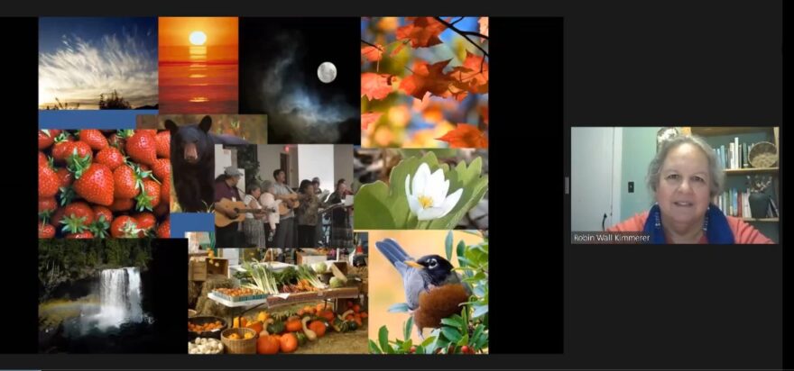 Robin Wall Kimmerer began her keynote by showing the collage on Thursday.