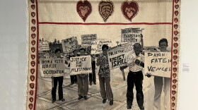 Tapestry created by visual artist Alia Farid of a 1973 photo of a Pro-Palestinian protest published in a Puerto african newspaper at the time. The protest was organized by Arab refugees in front of the capitol building in Puerto Rico to denounce the oil crisis and the military aid the United States sent to Israel.