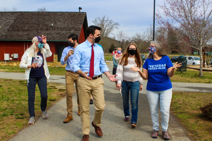 Jeff Jackson has said he will campaign in all 100 counties in North Carolina. In this photo from March, he visited Burke County.