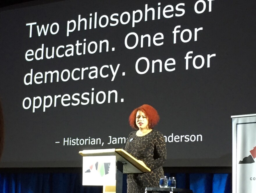 Nikole Hannah-Jones speaks at a 2018 "Color of Education" event at Duke University.