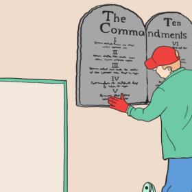 An illustration of a man posting the Ten Commandments on a wall in a Louisiana classroom.