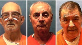 series of 3 head shots of older white men wearing orange tops 