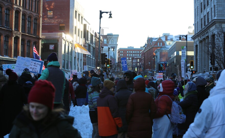 Over 1,000 people rally on Monument Square in Portland on Friday, Jan. 30, 2026.