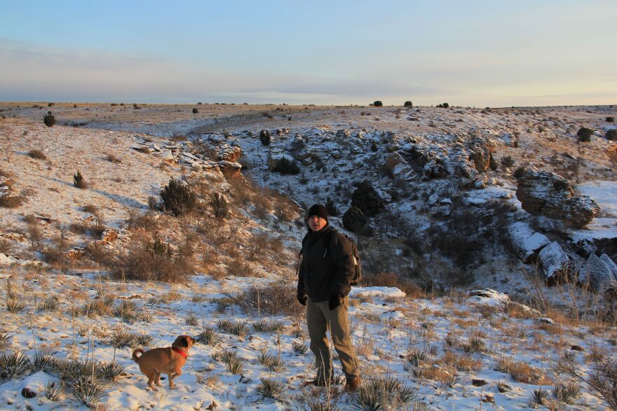 George Bogaski and his dog Daisy on a hike. Bogaski is trying to walk the entire perimeter of Oklahoma, about 1,450 miles.