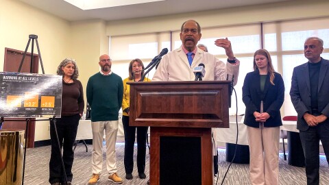 Dr. Mark Mitchell speaking at a press conference at the Legislative Office Building in Hartford about the impacts of climate change on health March 25th 2026.