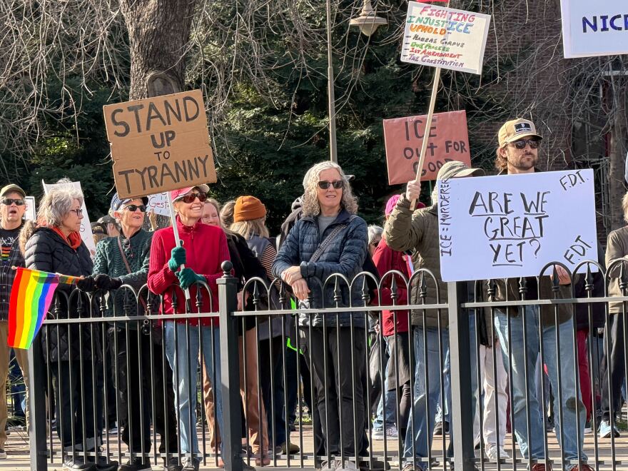 Demonstrators gathered to protest President Donald Trump and federal immigration authorities in the wake of several high-profile shootings on Saturday, Jan. 10, 2026, in downtown Chico.