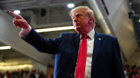 President Donald Trump departs after speaking during a campaign rally at McMorran Place Sports and Entertainment Center, Sunday, Oct. 25, 2026, in Port Huron, Mich.