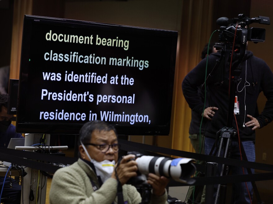 A teleprompter displays Attorney General Merrick Garland's remarks on Jan. 12 when he announced a Special Counsel to investigate classified documents found in President Biden's files.