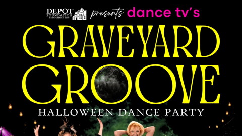 Poster for "Graveyard Groove"; a collection of people around a Halloween themed DJ set-up