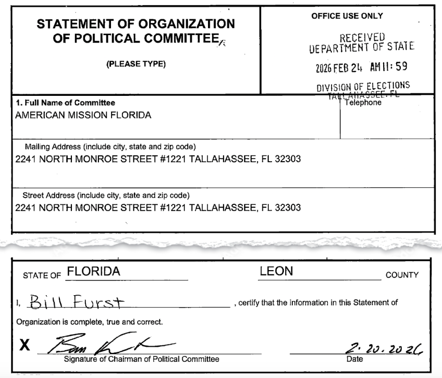 Sarasota County Property Appraiser Bill Furst heads the political action committee American Mission Florida, which filed registration paperwork with the state in February, listing its primary address as a Staples store in Tallahassee.