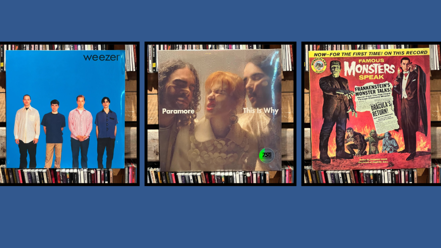 Three records on the shelf of Weezer’s self-titled debut, Paramore's This is Why and Famous Monsters Speak by Cherney Berg