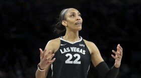 Las Vegas Aces center A'ja Wilson reacts after her team is called for a foul during the second half of a WNBA Semifinal basketball game against the New York Liberty, Sunday, Oct. 6, 2024, in Las Vegas. (AP Photo/Ian Maule)