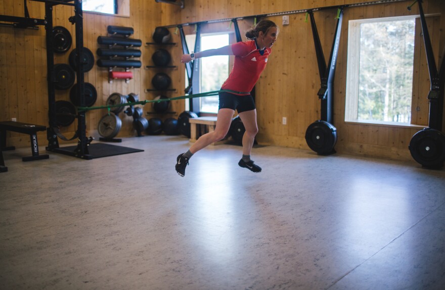 Dunklee, who competed in biathlon at the 2014 Winter Olympics in Sochi, trains at the Craftsbury Outdoor Center in Craftsbury, Vt.