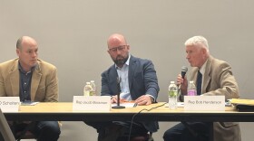 Iowa lawmakers from Sioux City, from left J.D. Scholten, Jacob Bossman and Bob Henderson, participated in a legislative forum by the League of Women Voters-Sioux City on March 28, 2026. (Bret Hayworth, Siouxland Public Media News)