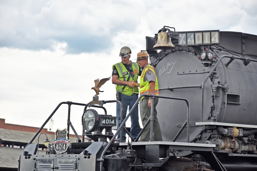 Ed Dickens, senior manager of heritage operations for Union Pacific, left, shakes hands with Steamtown National Historic Site Superintendent Jeremy Komasz during UP Big Boy 4014's summer 2026 visit to the park in Scranton. 'The success of the Big Boy Reunion represents far more than a milestone for Steamtown National Historic Site — it demonstrates what can be achieved when a national park and its gateway community embrace a shared purpose,' Komasz said.