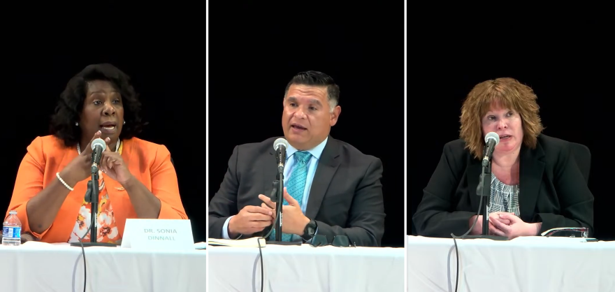 (From left to right) Finalists for the superintendent of Springfield Public Schools role, Dr. Sonia Dinnall, Rene Sanchez, and Kimberly Wells, took questions from the public during a community forum on Wednesday, May 29, 2024.