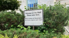 A sign welcoming people to city hall in Pittsfield, Massachusetts.