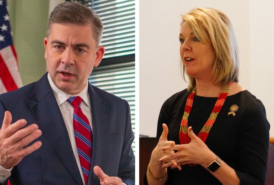 Mike Carey (left) won the Republican nomination and State Rep. Allison Russo (D-Upper Arlington) won the Democratic nomination in Ohio's 15th Congressional District primary on Tuesday.