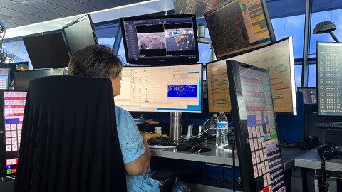 An American Airlines’ Hub Control Center employee monitoring airport ground movement