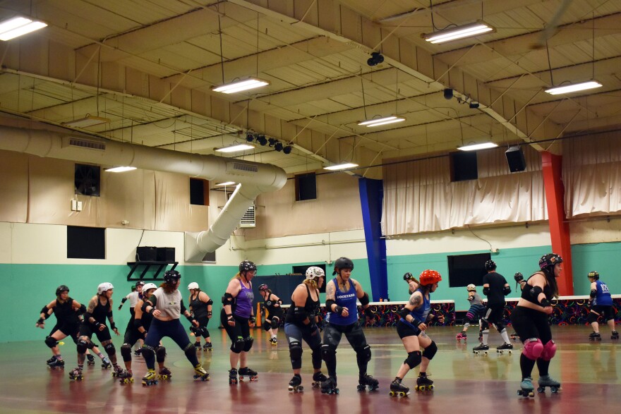 Skaters on the Dockyard Roller Derby league in Tacoma practice on Monday, June 12. // Lauren Gallup NWPB