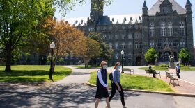 The campus of Georgetown University is seen nearly empty as classes were canceled due to the coronavirus pandemic, in Washington, DC.