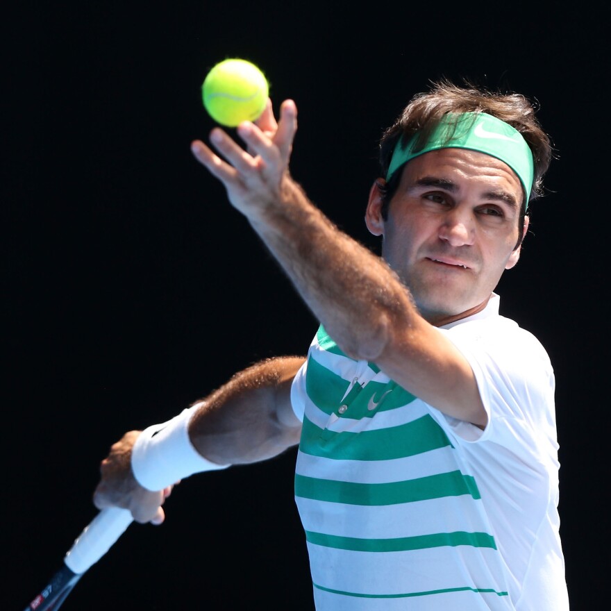 Roger Federer serves in his quarterfinal match against Tomas Berdych during Day 9 of the 2016 Australian Open on Jan. 26 in Melbourne.