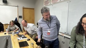 Tharyn Mulberry, right, wraps up his work at the Aspen School District’s Board of Education meeting on March 6, 2024, where many faculty members recommended he be considered for the position of superintendent. David Baugh announced he was stepping down from the leadership position in February.