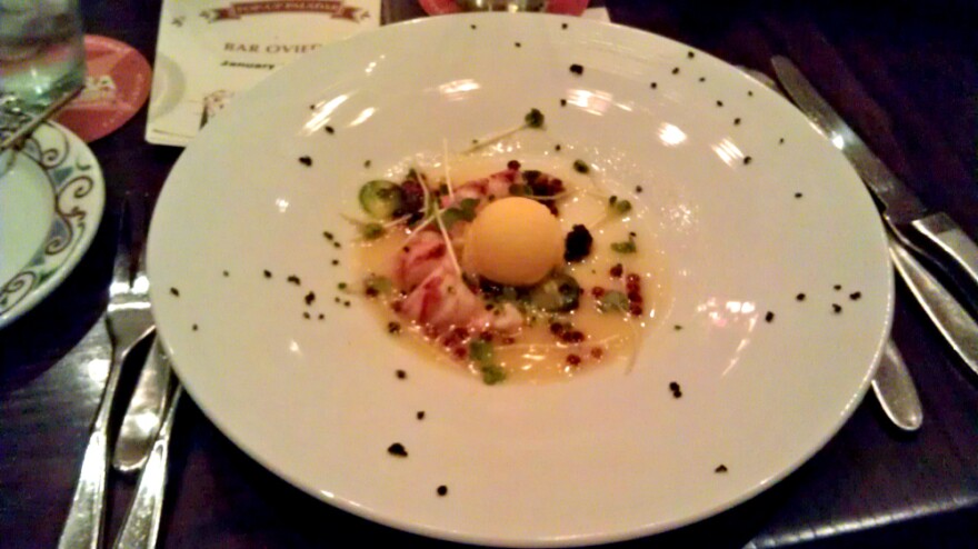 Lobster salad, pineapple sorbet and truffle oil-infused black sesame seeds, as prepared by Cuban Chef Luis Alberto Alfonso PÃ©rez.