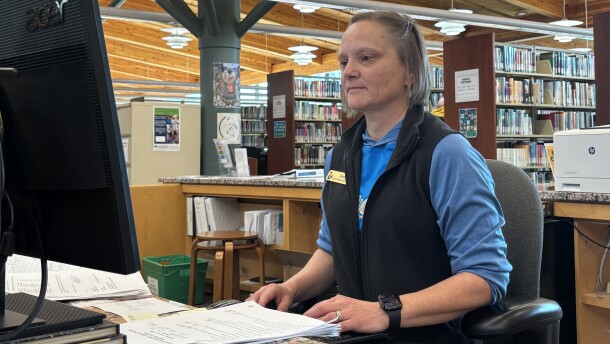 Grand Rapids Director of Library Services Amy Dettmer works Nov. 21, 2025, at the Grand Rapids Area Library.