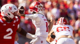 Indiana quarterback Josh Hoover (10) throws a pass during the second half of an NCAA college football game against Nebraska.
